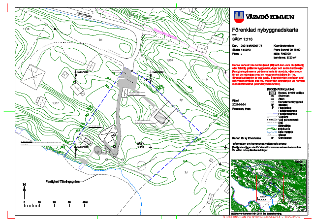 Nybyggnadskarta — situationsplan with the adjusted studio position (drawn 2025-09-16; approved by the inspector after startbesked, delivered 2025-11-07)