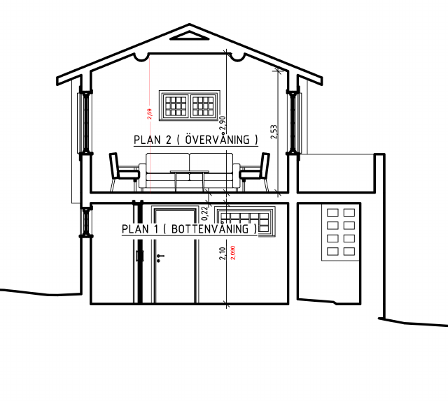 Existing house — measured interior heights (Sandell 2021)